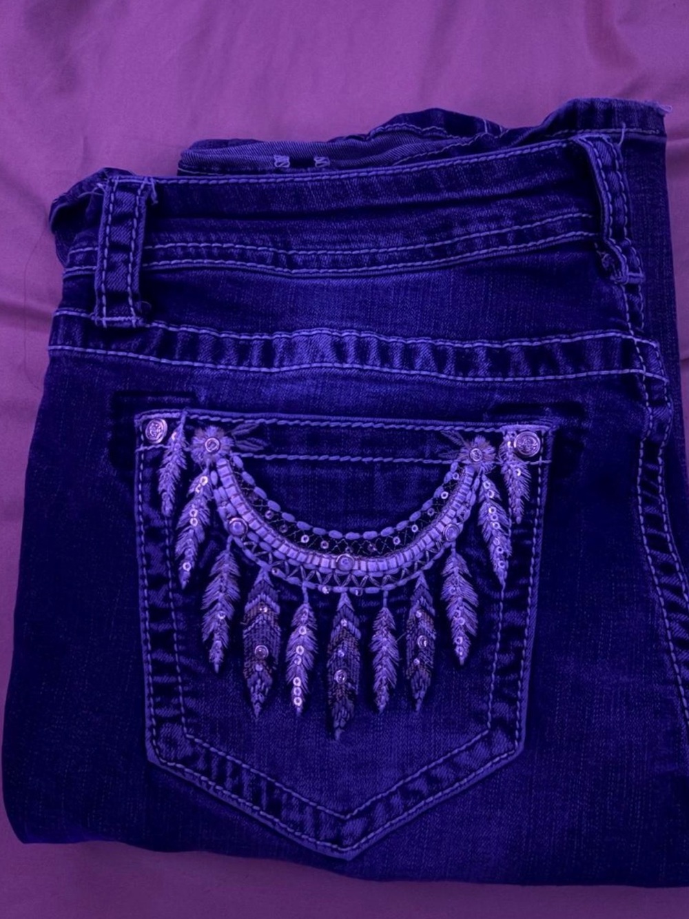Grace Purple Boot Cut Jeans with Beaded Fringe Pocket